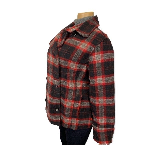 Vintage WoolRich Pea Coat Plaid Wool double breasted Burgundy Black gray size L - Picture 6 of 17